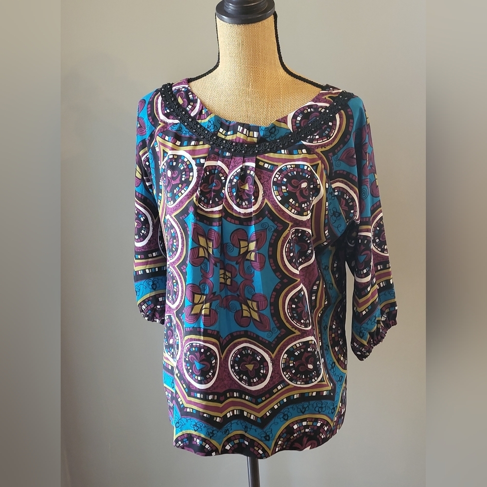 Nicole Miller Medium Pullover Blouse Blue/Pink/Black - Picture 6 of 10
